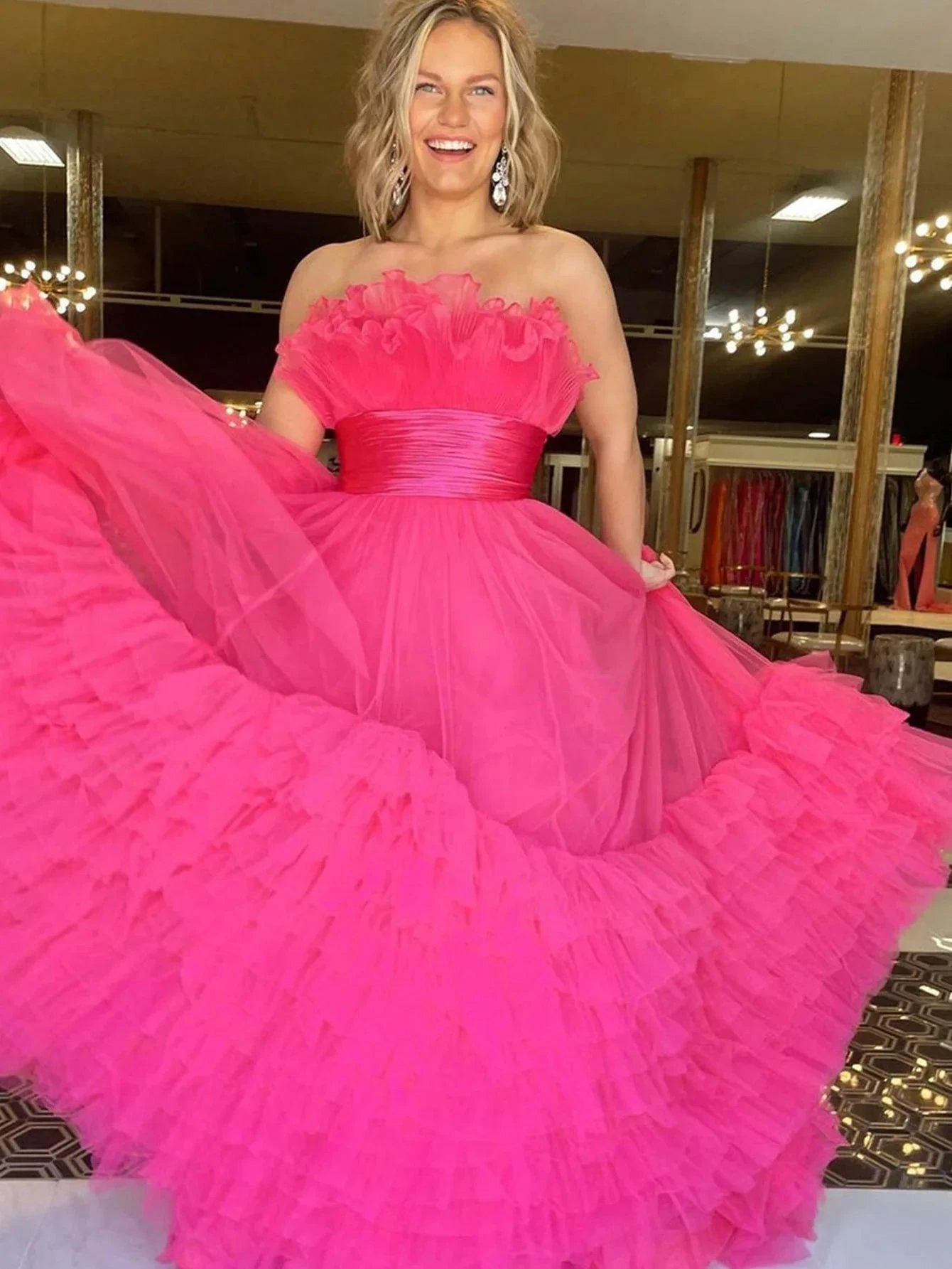 Alani |A-Line Strapless Pink Tiered Long Tulle Prom Dress