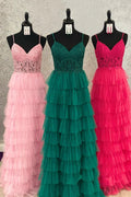 Aubree |Dark Green A-Line Tiered Tulle Long Prom Dress with Lace