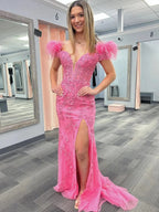 Elaina |Mermaid Deep V Neck Feather Lace Long Prom Dress