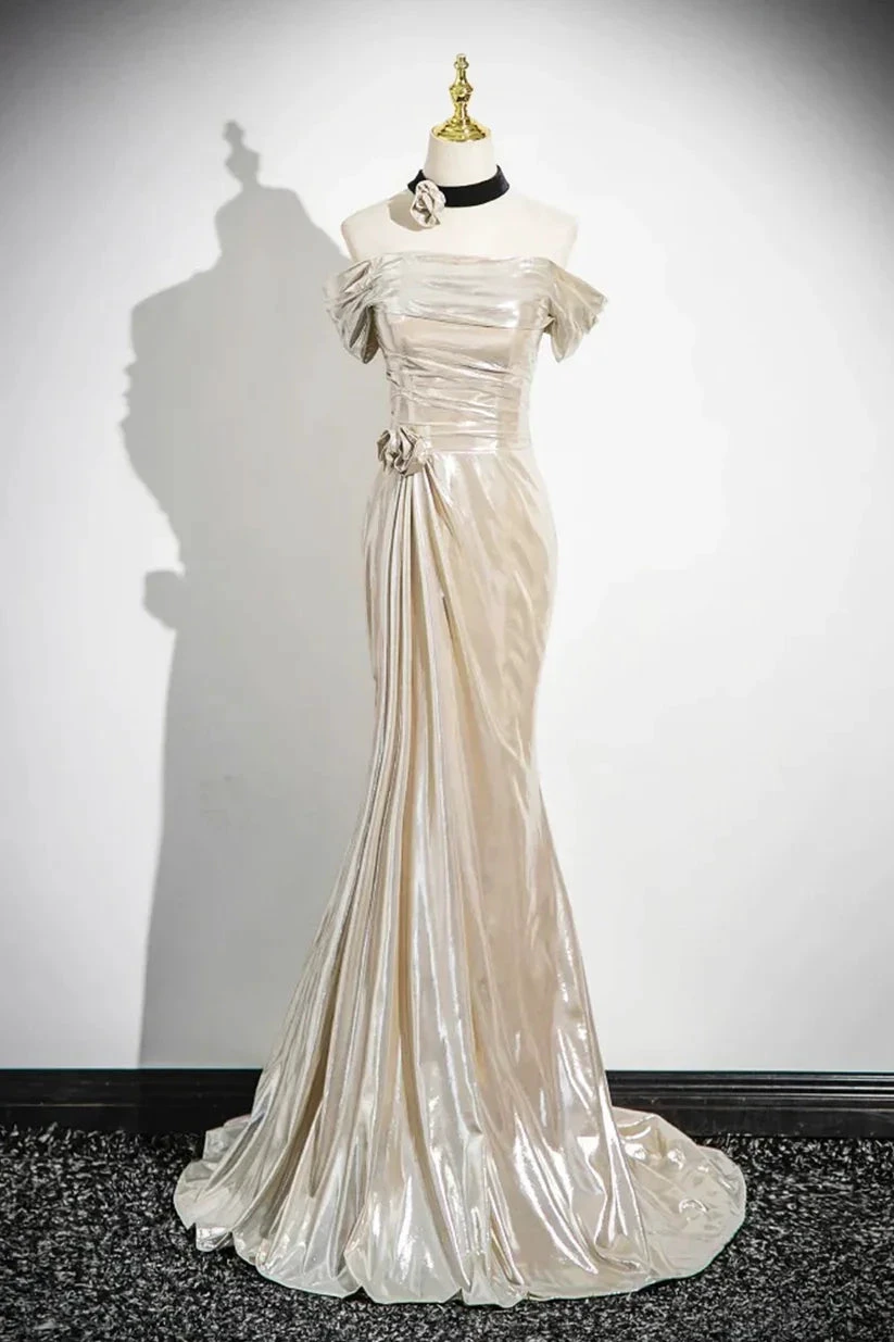 Charming Champagne Off The Shoulder Satin Prom Dress Mermaid Evening Gown Y8202