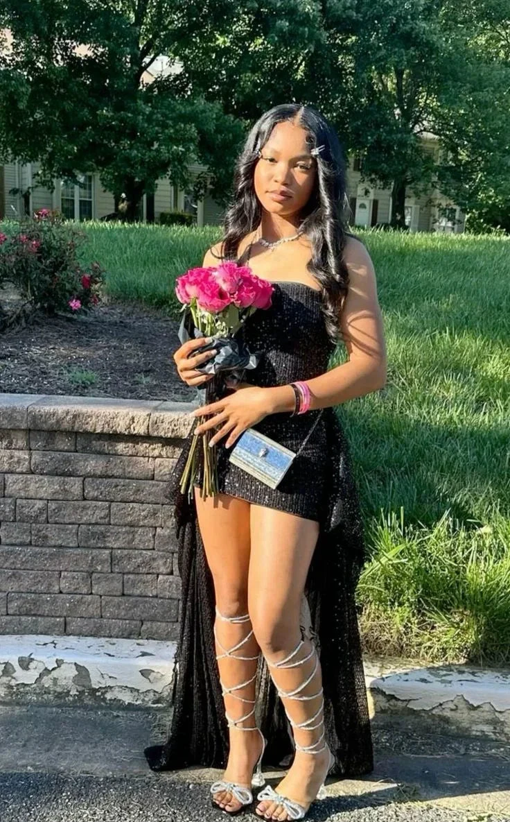 Fashion Black Sequin Strapless Homecoming Dress Short Prom Dress With Train Y7704