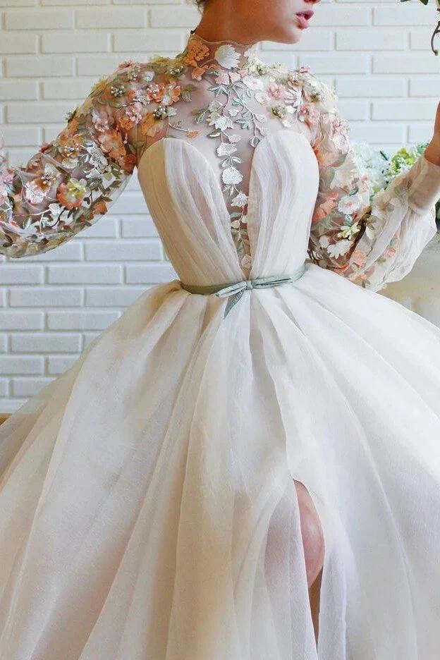 White Long Sleeves A-line High Neck Tulle Flower Mermaid Prom Dresses with Slit