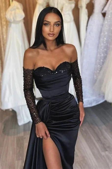 Black Long Off the Shoulder Sweetheart Satin Front Slit Prom Dress with Sleeves
