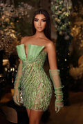 Green Short V-Neck Strapless Tulle Beads Mermaid Prom Dress