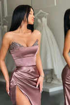 V-neck Stain Mermaid Long Prom Dress with Sequins and Slit