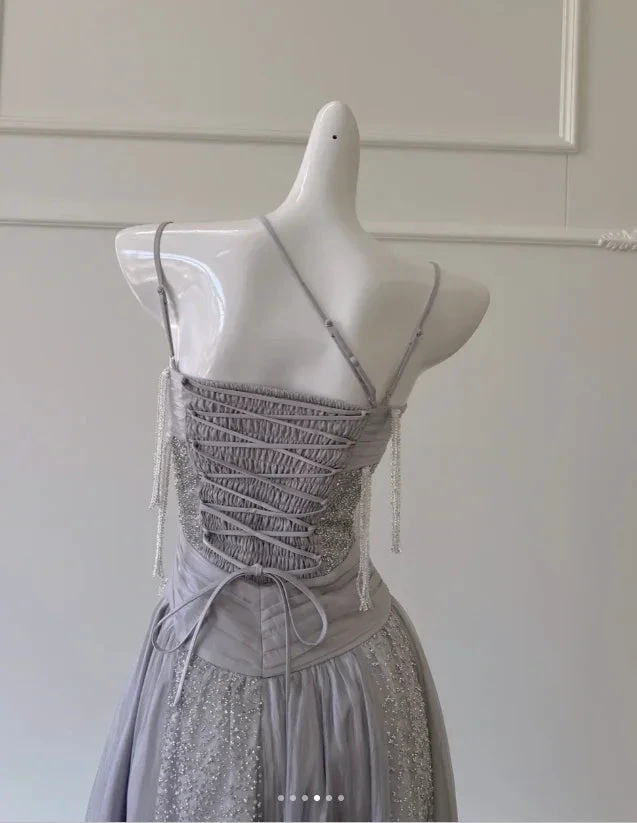 Classy Purple Sequins Tulle Beaded Tassel Prom Dress A Line Evening Dress Y8586