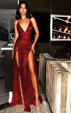 Sequin Spaghetti Straps V-Neck Red Long Prom Dress With Slit