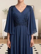A-line V-Neck Tea-Length Chiffon Lace Mother of the Bride Dress With Beading Sequins