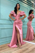 Split Front Rose Petal Pink Mermaid Prom Dress with Off-The-Shoulder