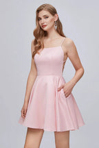 Spaghetti Strap A Line Backless Short Homecoming Dresses