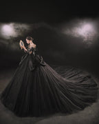 Dramatic Black Ball Gown Illusion Neckline Satin Puff Sleeve Beaded Lace Wedding Dress with Oversized Train E-305