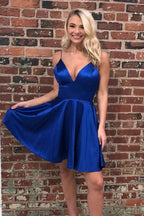 Royal Blue Satin Homecoming Dresses Backless Simple Short Prom Dresses