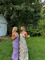 Charming Spaghetti Straps Lavender Chiffon Print Floral Evening Dress Ruffles Long Prom Dress Y8266