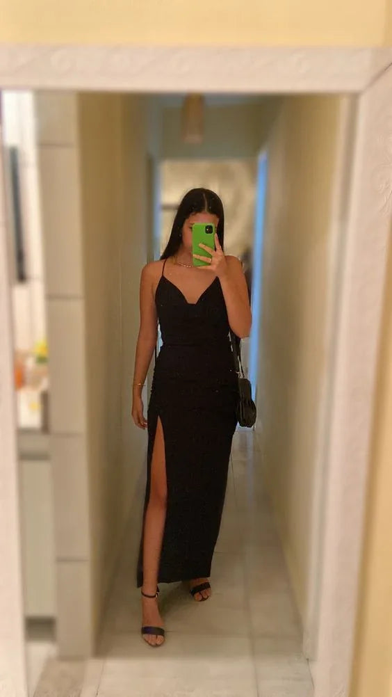 Elegant Black Sheath Evening Dress With Split Black Evening Gown Y6135