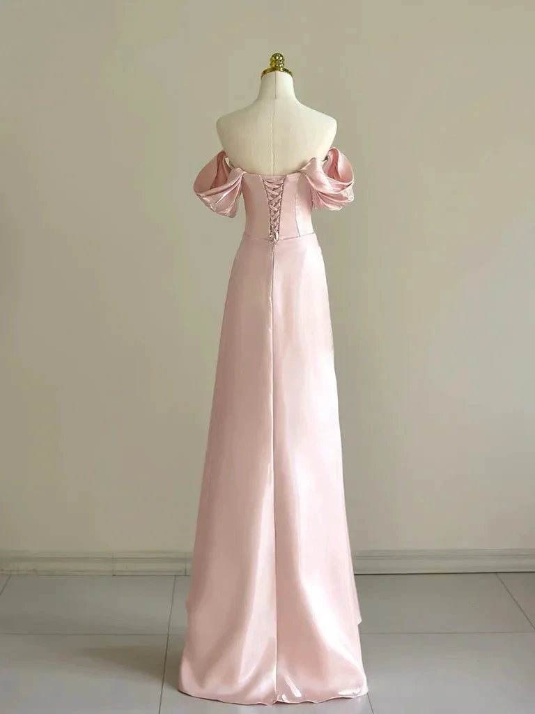 Pretty Off Shoulder Pink Long Prom Dress Formal Evening Dress With Beads Y8049