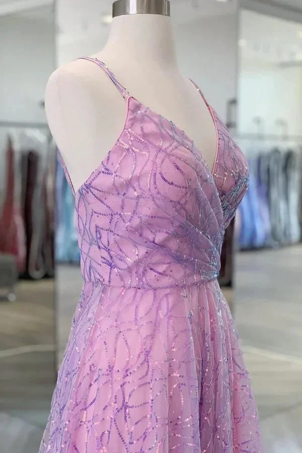 Shiny V Neck Backless Long Purple Prom Dress Backless Purple Formal Graduation Evening Dress Y917