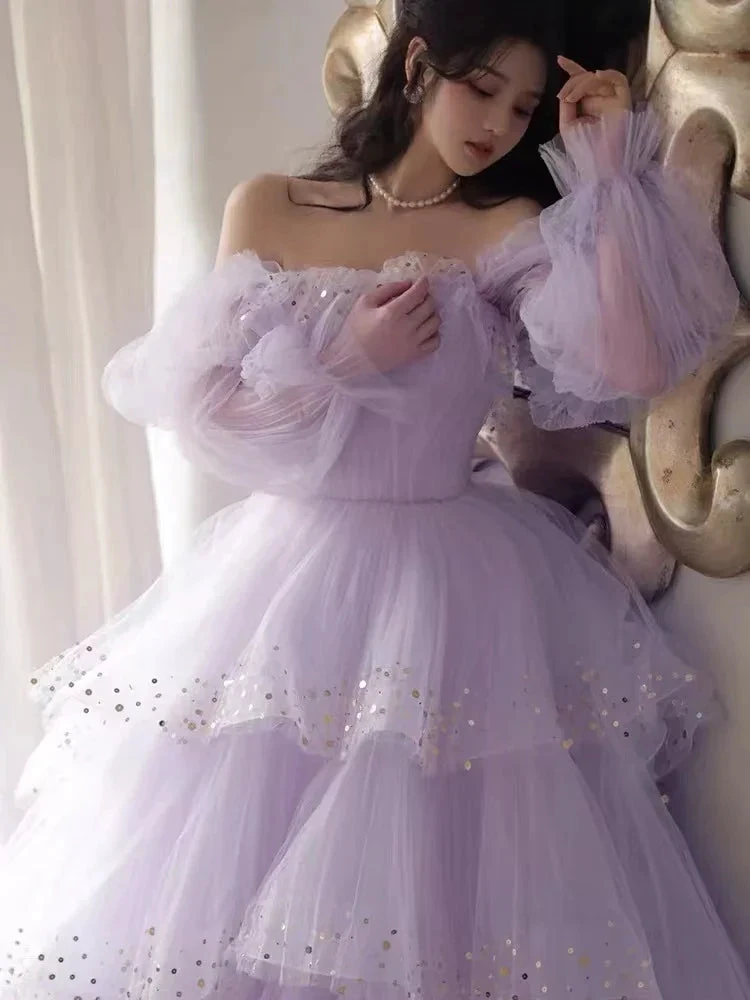 Sparkly Prom Dresses Purple Prom Dresses Robes Cocktail Off The Shoulder Prom Dresses Long Sleeve Prom DressesY2408