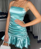New mint green tight skirt sexy pleated skirt high waist pleated satin dress short homecoming dress Y1903