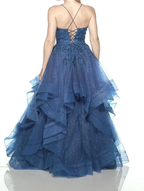 Shiny Blue V-neck Tulle Appliques Sequins Long Prom Dress Spaghetti Strap Evening Dress Y8051