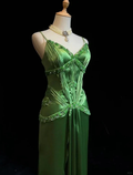 Chic Green Spaghetti Straps Satin Beaded Prom Dress Evening Dress Y8555