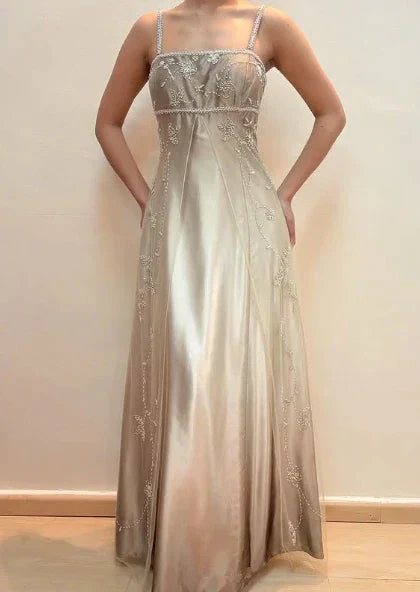 Fashion Spaghetti Straps Satin Tulle Beaded Prom Dress A Line Party Evening Gown Y8139