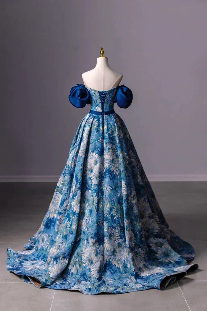Blue Printed Long A-Line Prom Dress Blue Off the Shoulder Formal Evening Dress Y4605