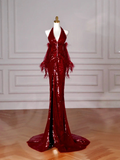 Sexy Burgundy Sequins Halter V Neck Evening Dress Backless Mermaid Evening Dress Y8628