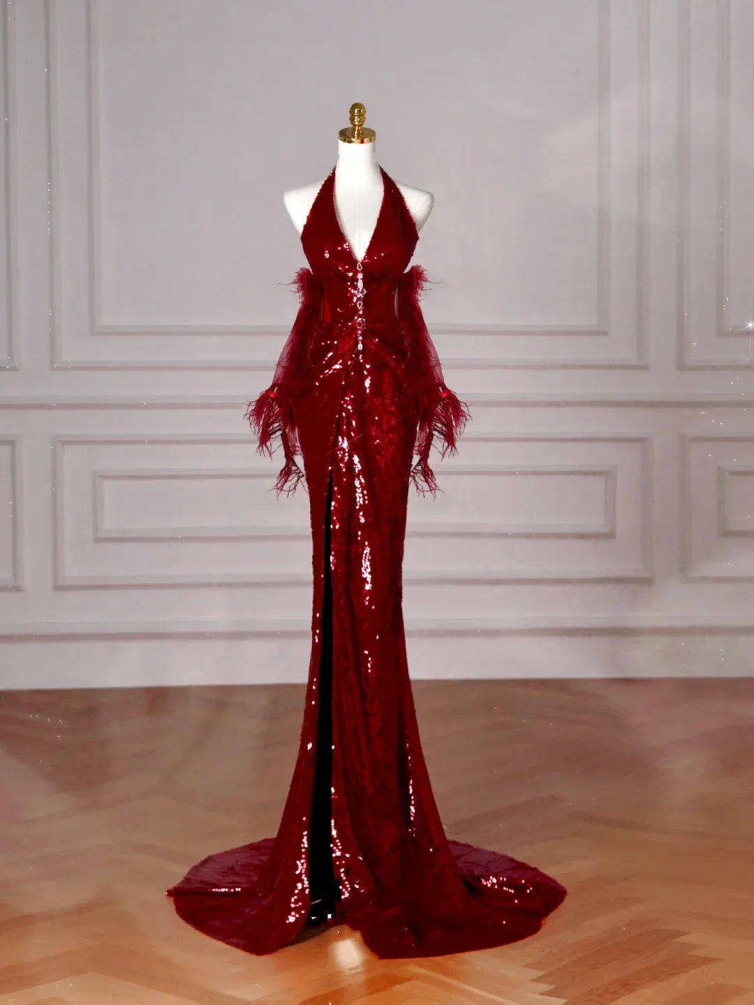 Sexy Burgundy Sequins Halter V Neck Evening Dress Backless Mermaid Evening Dress Y8628