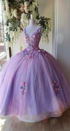 Princess Tulle Long Prom Dress with Flower,Ball Gowns Quinceanera Dresses Y4372