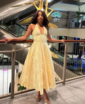 Sexy Halter Deep V Evening Dress Yellow Satin Print Prom Dress Y8249