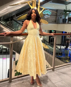 Sexy Halter Deep V Evening Dress Yellow Satin Print Prom Dress Y8249