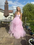 Shiny Pink Tulle Tiered A Line Prom Dress Straps Evening Gown Y7932