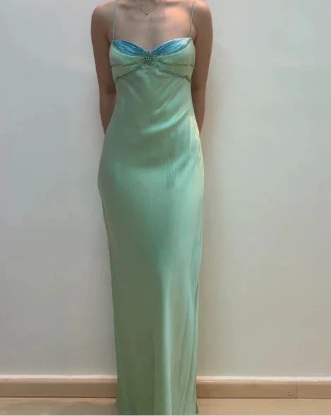 Sexy Spaghetti Straps Green Satin Beaded Prom Evening Dress Y7757