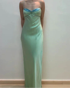 Sexy Spaghetti Straps Green Satin Beaded Prom Evening Dress Y7757