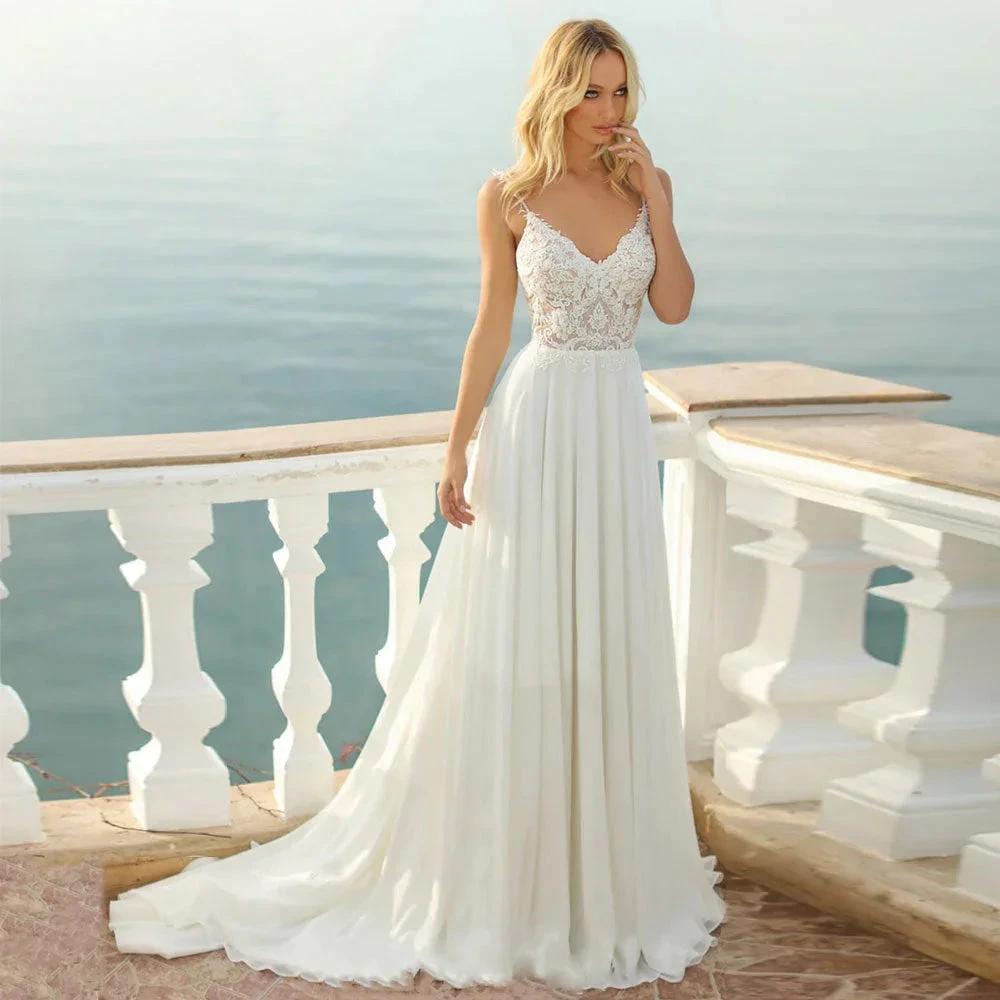 Spaghetti Straps Wedding Dress Elegant Lace Appliques Bridal Gown V Neck Backless Chiffon Robe Custom Made