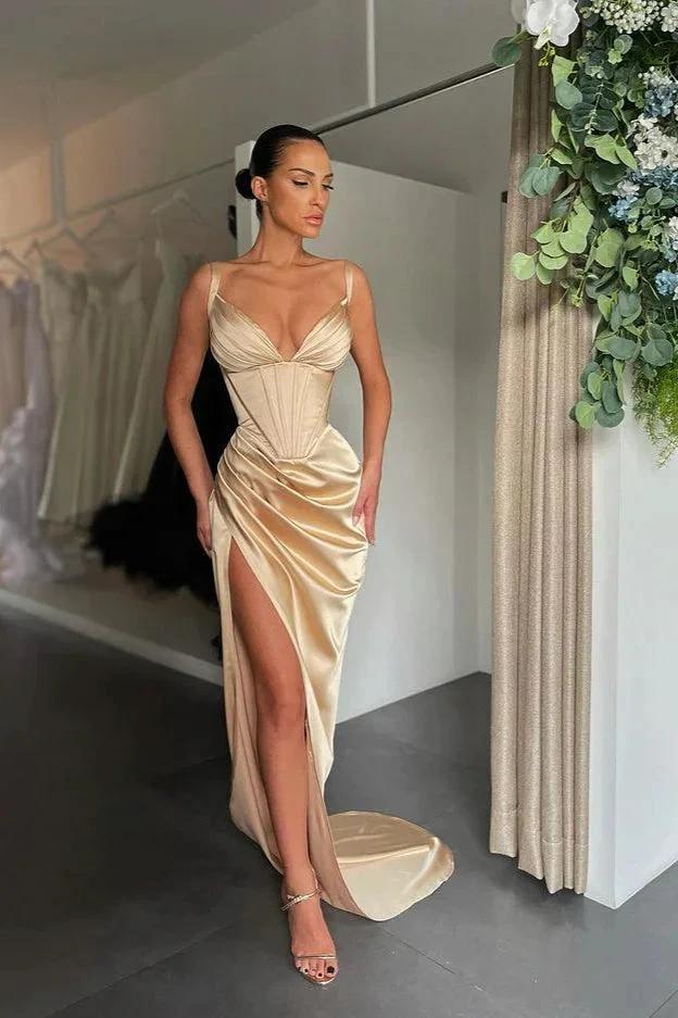 Spaghetti Straps Sleeveless V-Neck Split Prom Dress