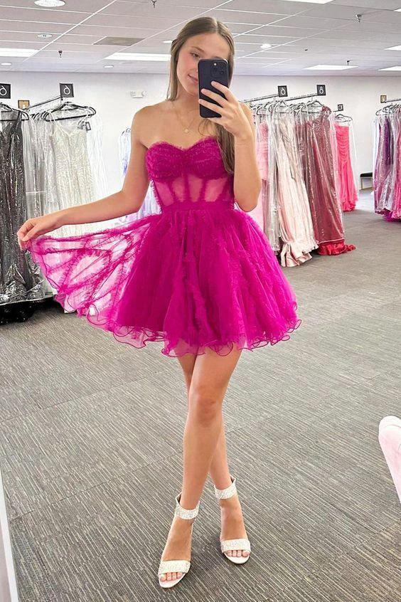Trendy A-Line Fuchsia Tulle Corset Homecoming Dress Semi Formal Dresses Y2861