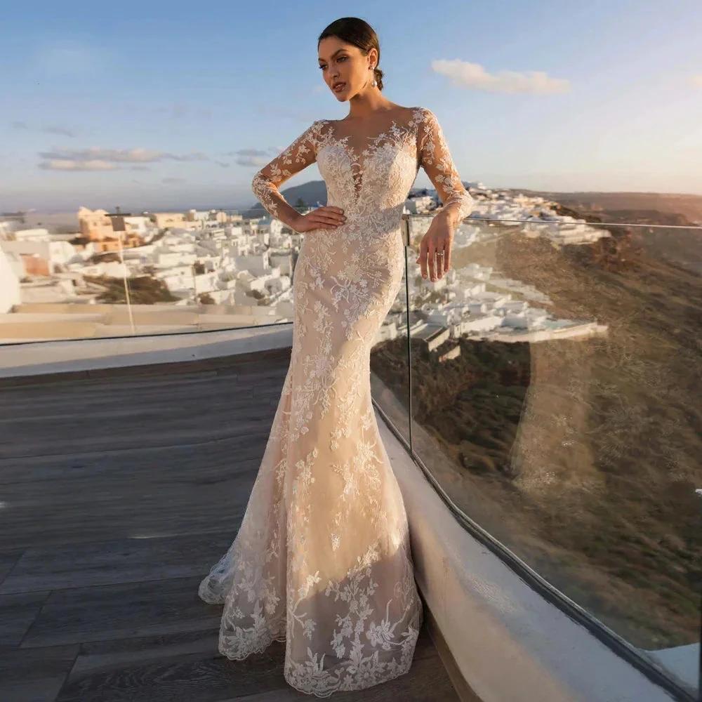 Gorgeous Long Sleeve Lace Mermaid Wedding Dresses  Luxury Appliques Button Removable Train Horn Bridal Gowns Robe De Mariée