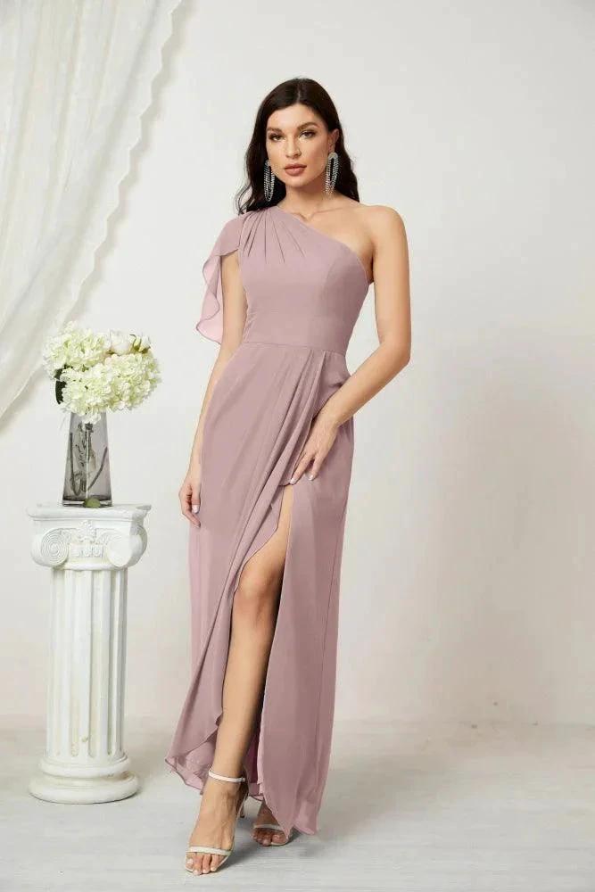 Numbersea  Chiffon Ruffled One Shoulder Long Bridesmaid Dresses A-line Formal Evening Gown Side Split 2809