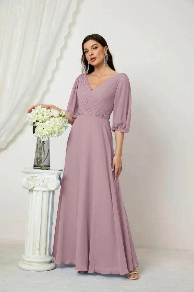 Numbersea  Formal Prom Gown Women V-Neck Chiffon Bridesmaid Dresses Long Bishop Sleeve Party Dress 2807