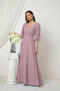 Numbersea  Formal Prom Gown Women V-Neck Chiffon Bridesmaid Dresses Long Bishop Sleeve Party Dress 2807