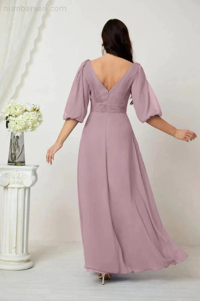Numbersea  Formal Prom Gown Women V-Neck Chiffon Bridesmaid Dresses Long Bishop Sleeve Party Dress 2807