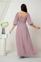 Numbersea  Formal Prom Gown Women V-Neck Chiffon Bridesmaid Dresses Long Bishop Sleeve Party Dress 2807