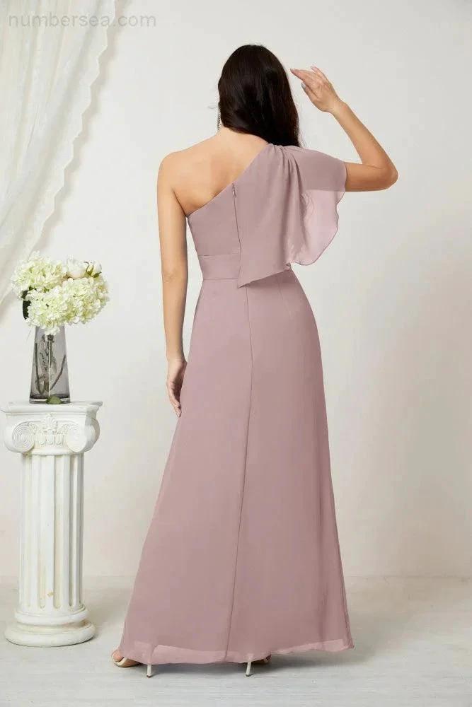 Numbersea  Chiffon Ruffled One Shoulder Long Bridesmaid Dresses A-line Formal Evening Gown Side Split 2809