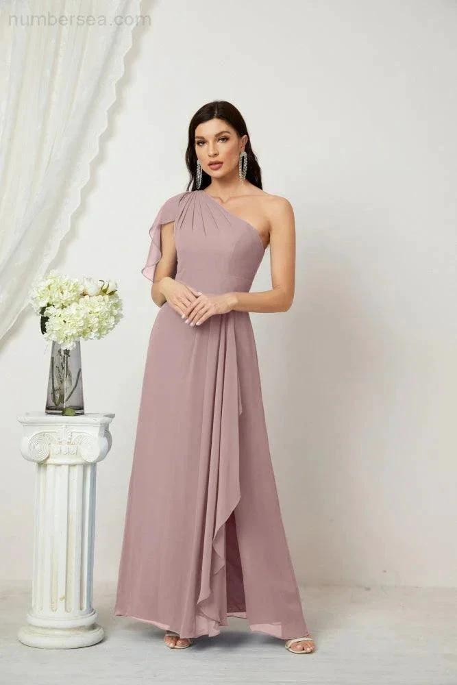 Numbersea  Chiffon Ruffled One Shoulder Long Bridesmaid Dresses A-line Formal Evening Gown Side Split 2809