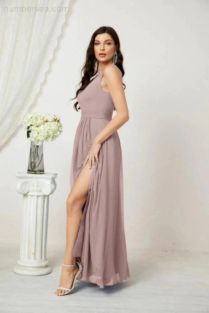 Numbersea Chiffon V-Neck Bridesmaid Dress Spaghetti Strap Long Formal Party Prom Gowns with Slit 28010