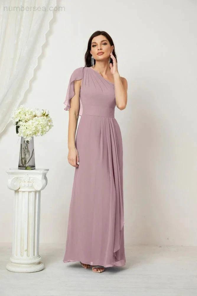 Numbersea  Chiffon Ruffled One Shoulder Long Bridesmaid Dresses A-line Formal Evening Gown Side Split 2809