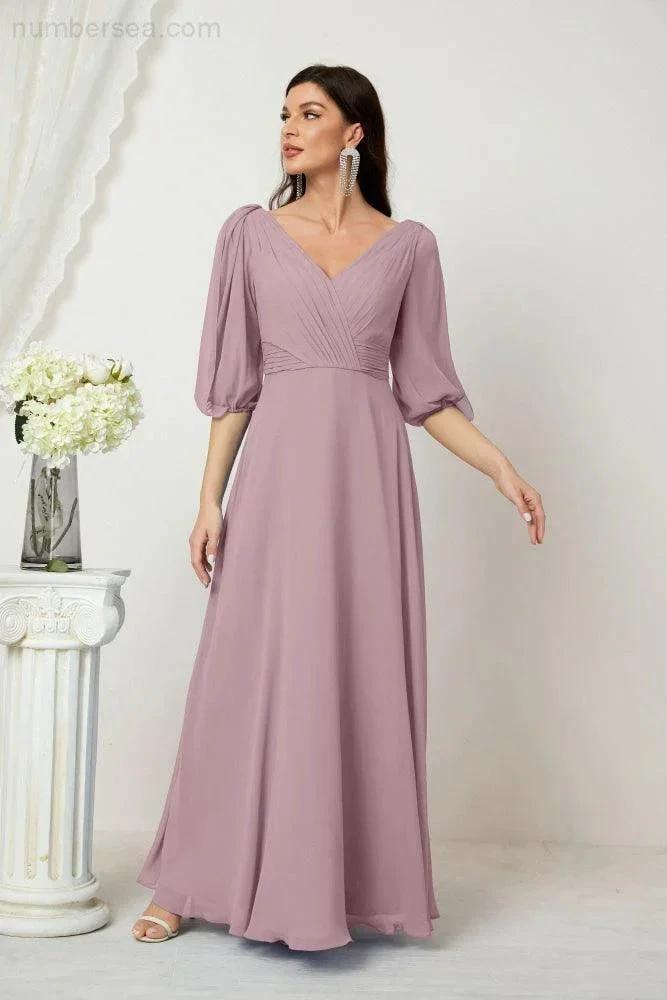 Numbersea  Formal Prom Gown Women V-Neck Chiffon Bridesmaid Dresses Long Bishop Sleeve Party Dress 2807