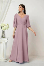 Numbersea  Formal Prom Gown Women V-Neck Chiffon Bridesmaid Dresses Long Bishop Sleeve Party Dress 2807