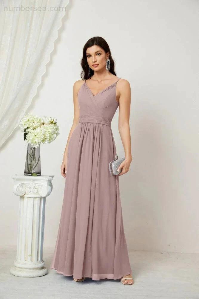 Numbersea Chiffon V-Neck Bridesmaid Dress Spaghetti Strap Long Formal Party Prom Gowns with Slit 28010